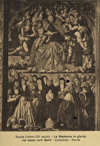 Alinari, Fratelli — Scuola Umbra (XV secolo) - La Madonna in gloria, nel basso varii Santi - Cattedrale - Norcia — insieme